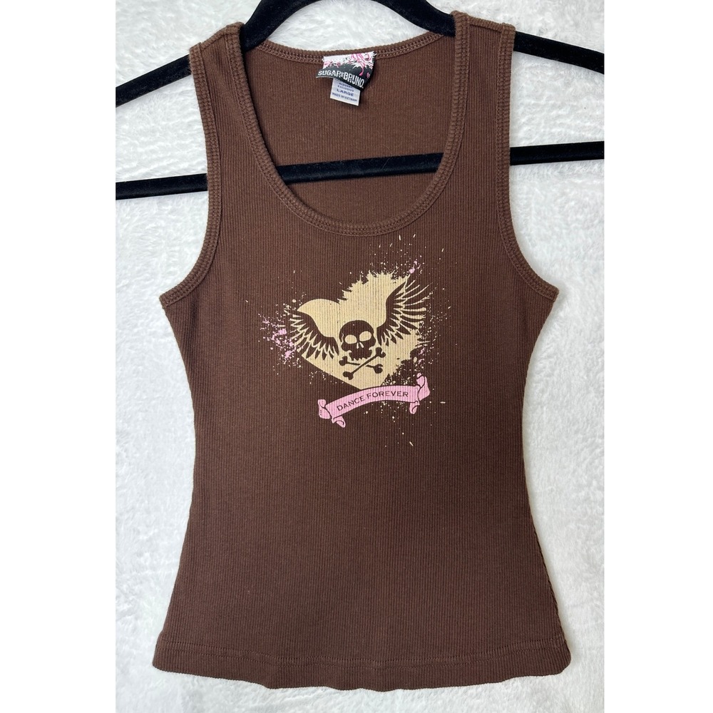 Sugar and Bruno Y2K Tank Top Womens Large Brown Skull Wings Ribbed Graphic